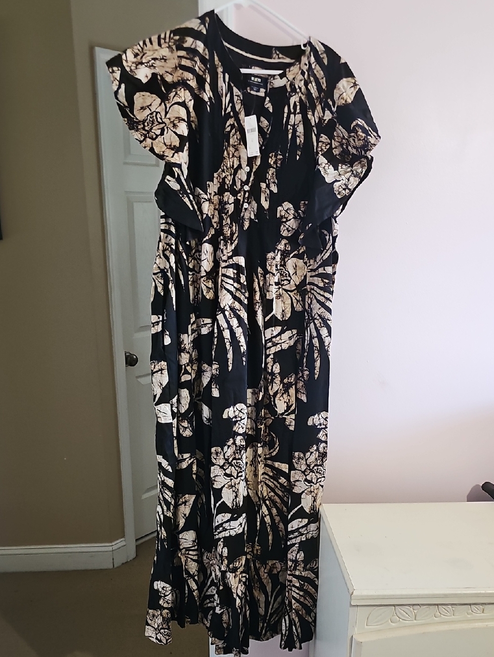 Anthropologie Black Dress with Cream Botanical Motif